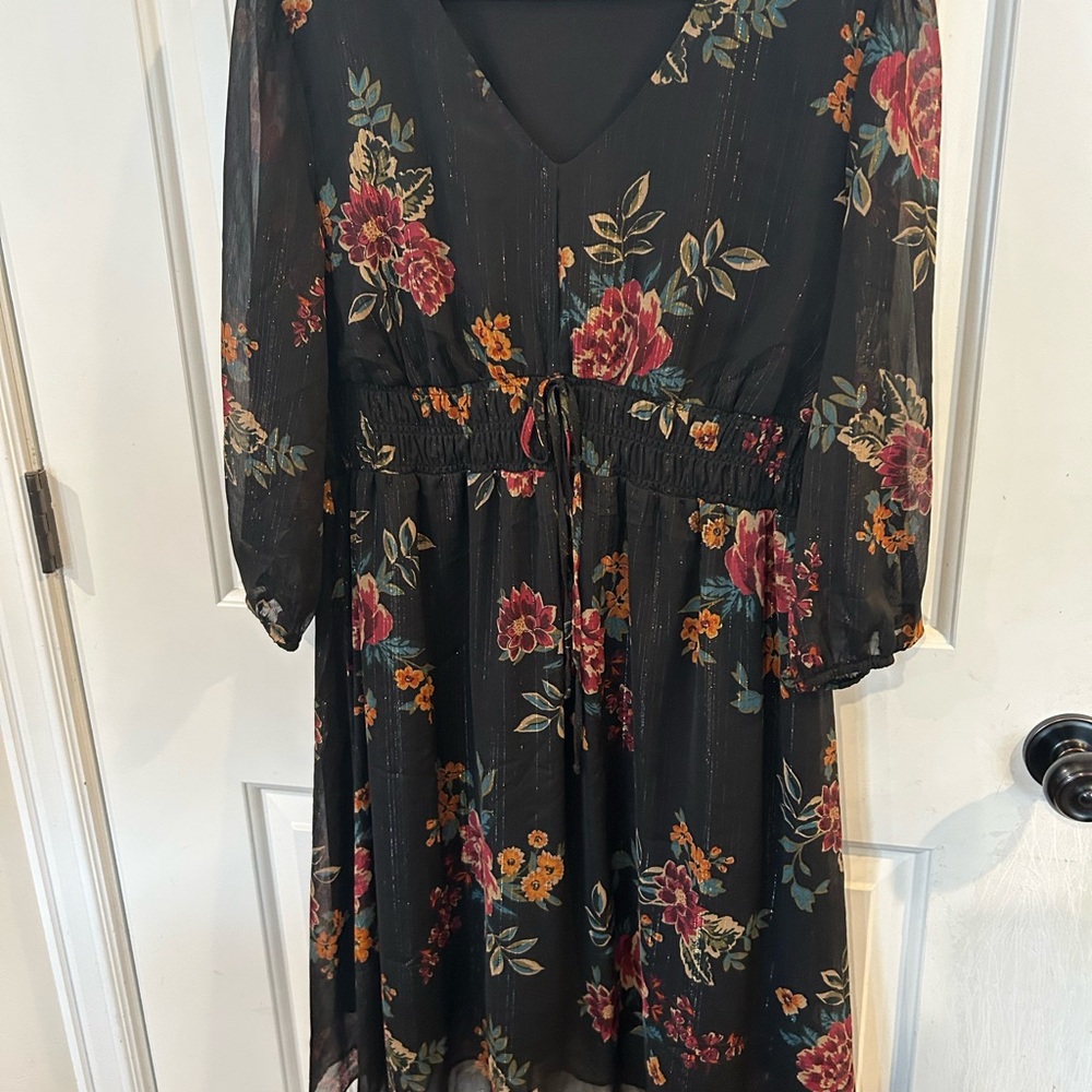 Chenault Black Floral V-Neck Midi Dress with Burgundy and Mustard Accents